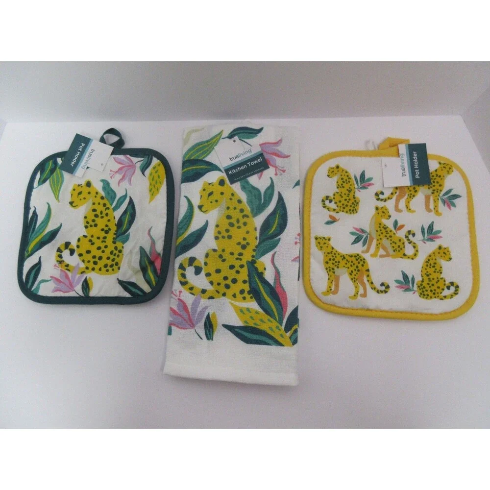 Tropical Kitchen Towels 2Pot Holder 3Pc Set Teal Yellow Jungle Big Cat NWT